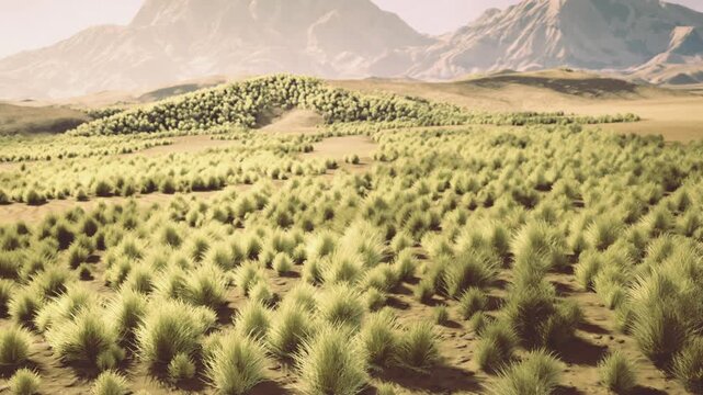 expansive arid shrubland dotted with bushes, experimental plots and survey markers showing ecological restoration work under warm foothill sunlight and distant