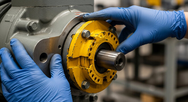 Worker in blue gloves meticulously assembling a complex industrial machine part with a yellow coupling and metal shaft.