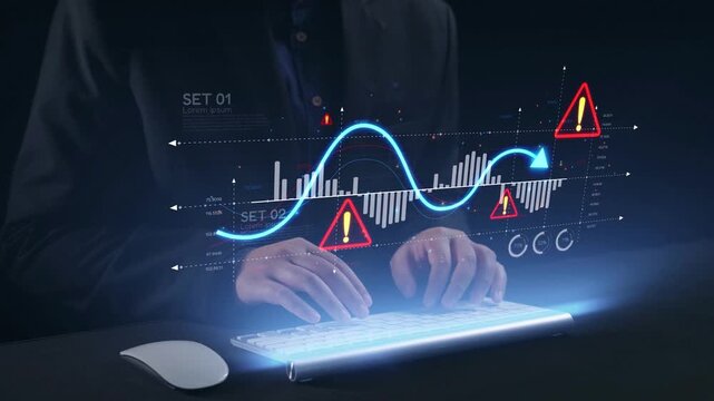 Economic caution visual showing risk alerts and financial volatility. Warning signs highlight economic downturn, market risk, finance crisis, and uncertainty in data-driven analysis. Elide