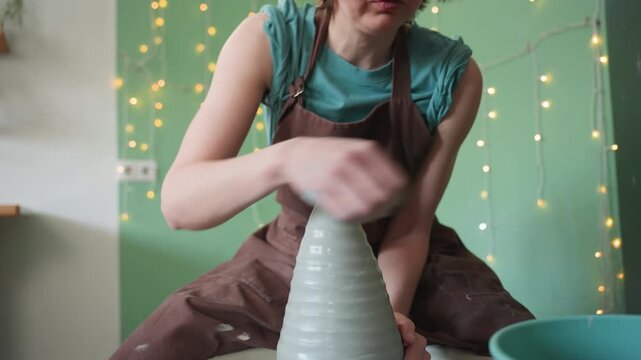 Ceramic artist at work. Woman crafts with clay wheel. Quiet studio with dedicated woman sculpting clay diligently. Focused female potter skillfully shapes damp clay on spinning wheel silently