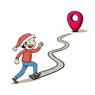 A joyful man wearing a Santa hat walks along a winding road toward a destination pin marker on a white background representing life path and travel journey