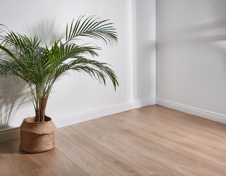 modern room corner with potted palm plant on wooden floor and white walls