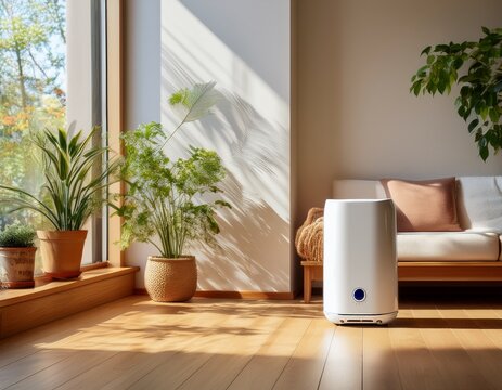 white air purifier in sunlit room with wooden floor and furniture