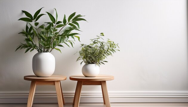 two white vases with plants sit on wooden stools against a white wall
