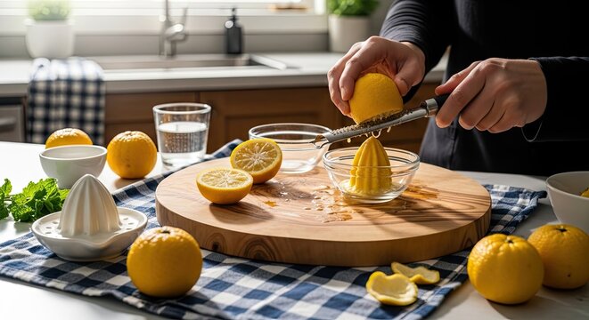 Person grating a lemon above bowl, lemons, and kitchen tools on a wooden board