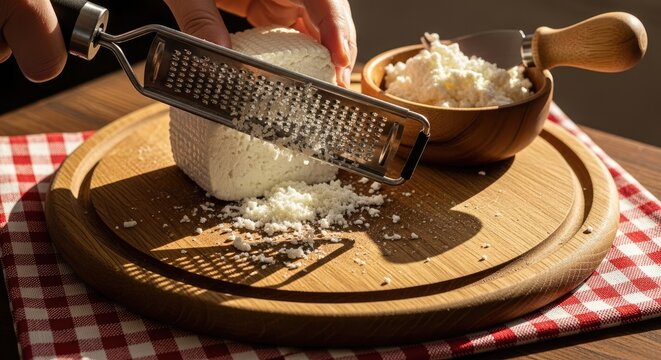 Person grating a block of cheese onto a wooden board with grated cheese in a small bowl