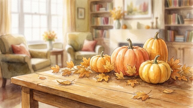 Autumn pumpkins arranged on wooden table with fallen leaves indoors Concept of Thanksgiving Canada  