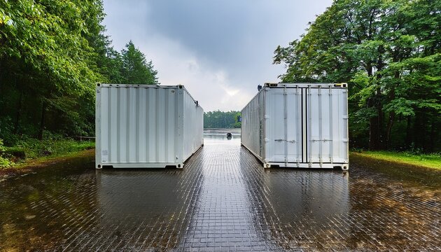 two white shipping containers near a rain soaked walkway and greenery trees frame the shot