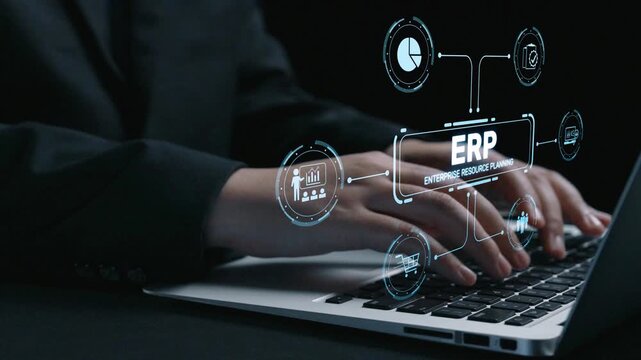 ERP platform visual showing centralized system for enterprise resource planning, improving integration, data flow, business efficiency, finance, inventory, and human resources. Elide