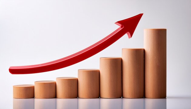 a red arrow pointing upwards alongside a bar chart isolated on a white background