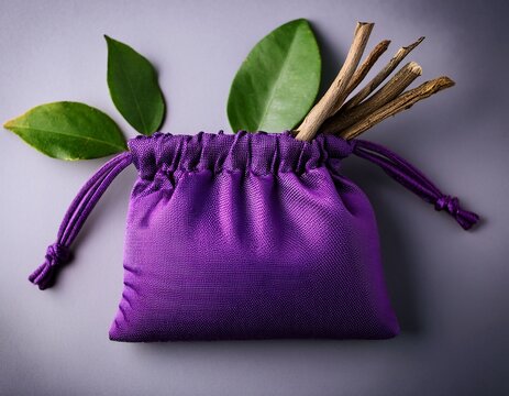 purple pouch with sticks and leaves