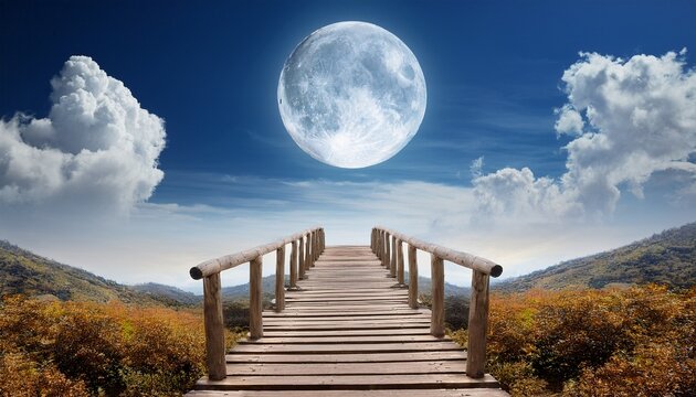 wooden ladder leading to the moon over a serene landscape