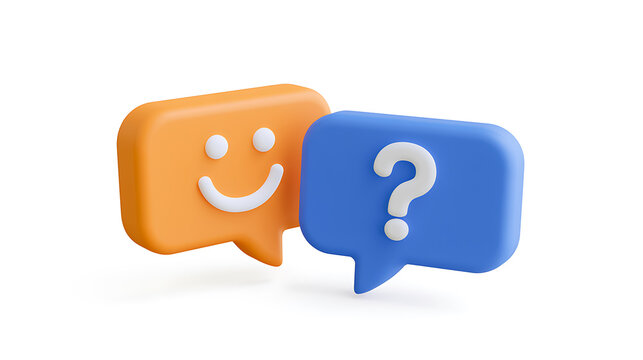 Two 3D speech bubbles, one orange with a smiley face and one blue with a question mark, representing communication and inquiry on white background