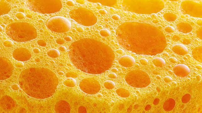Close-up of vibrant yellow sponge filled with bubbles and holes.