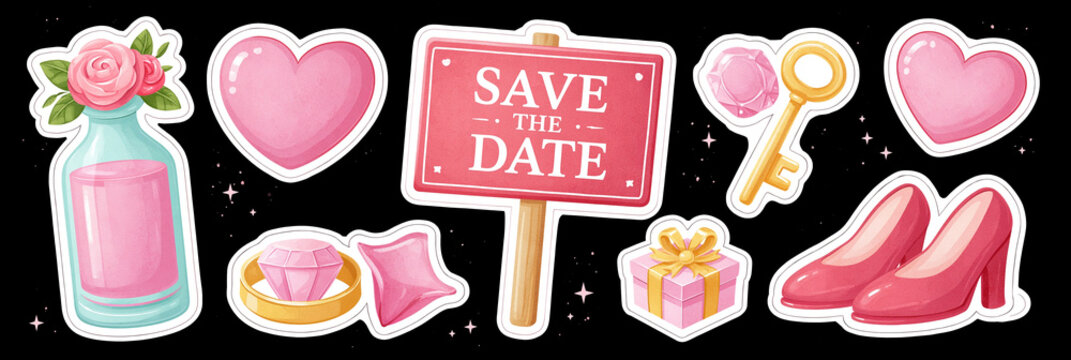 Colorful wedding-themed stickers featuring hearts, jewels, and elegant shoes.