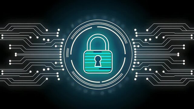 Digital padlock icon with glowing circuit board lines representing cybersecurity technology 4k video
