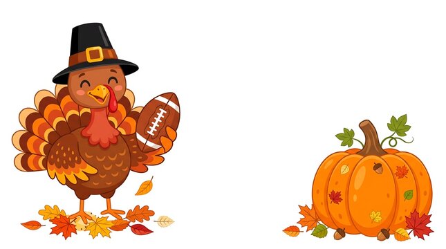 Festive fall decorations featuring a pilgrim turkey and pumpkin with leaves for thanksgiving or autumn celebrations