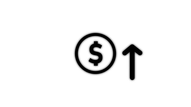Dollar Price Increase Line Icon up side arrow animation. Minimalist line art dollar coin with rising arrow animated icon for inflation money growth and financial profit.