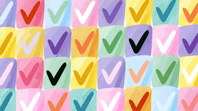 Colorful abstract pattern with check marks on a vibrant pastel background.