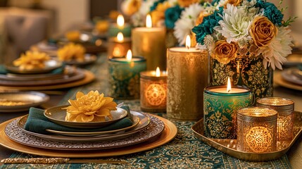 Fototapeta premium Luxury dining table set for an upscale Diwali dinner featuring contemporary Indian tableware, glowing candles, floral centerpieces, and elegant festive decor in a sophisticated setting