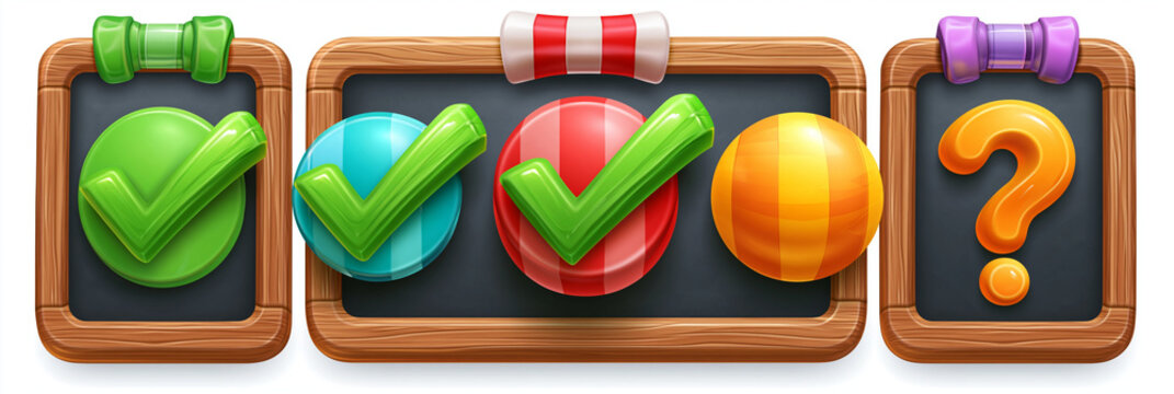 Colorful checklist symbols on a wooden background, conveying completion and questions.