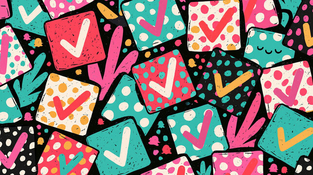 Colorful pattern of check mark icons and playful shapes on a black background.