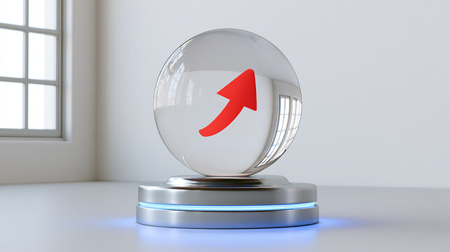 Clear Glass Sphere with Red Upward Arrow on Futuristic Silver Stand, Symbolizing Growth, Progress, and Future Development in a Bright Setting