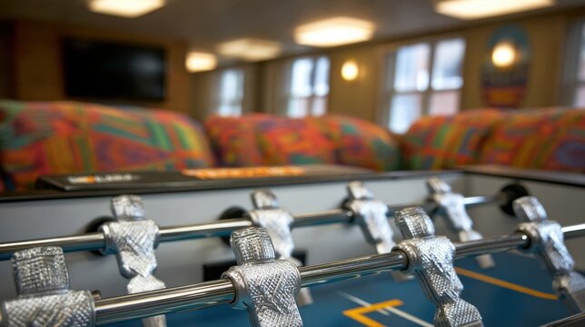 Vibrant game area in a student common room showcasing a foosball table in clear focus with couches and TV fading into soft blur