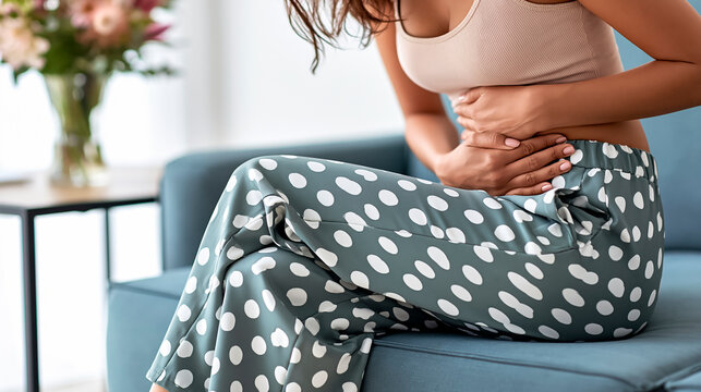 Close-up of a woman holding her hands on her stomach in pain while sitting on a sofa in the living room