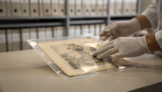 Focused medium shot showing hands placing a delicate endangered printed work into a protective slipcase on temperatureregulated shelves background subtly blurred.