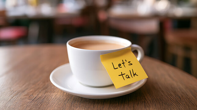Warm cup with a friendly "Let's Talk" note, inviting communication over a hot beverage, perfect for discussion and interaction concepts