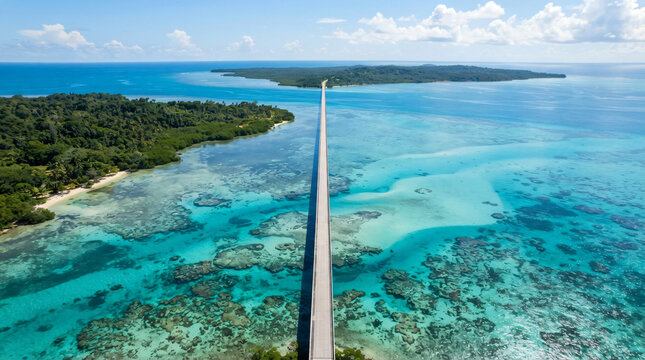 High-altitude drone shot of a long straight coastal highway bridge crossing over a shallow crystal clear turquoise ocean, vibrant coral reefs visible underwater, tropical paradise travel vibe, bright 