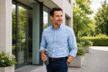 Fototapeta premium Smiling man holding water bottle outside modern office building