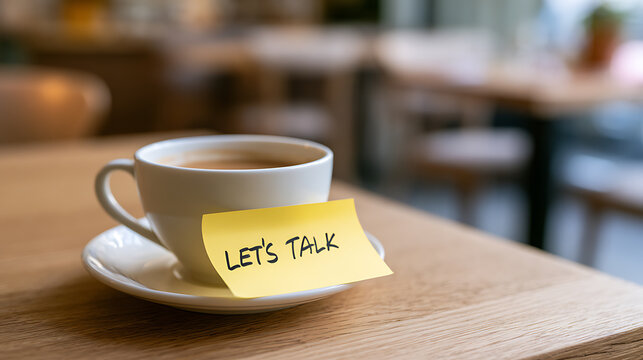A warm cup of coffee with a yellow sticky note that says "Let's Talk" on a wooden table, inviting communication and open dialogue in a cafe setting
