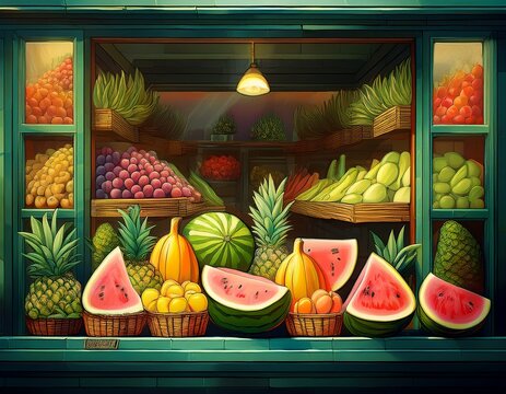 display window of a fruit and vegetable shop filled with fresh produce like watermelons pineapples bananas and grapes