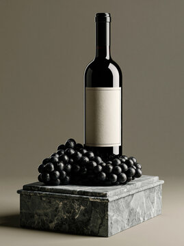 A conceptual studio shot of a red wine bottle with a blank label beside fresh grapes, displayed on a dark, textured marble base.