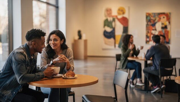 A calm museum cafe scene with people chatting near abstract art prints the main subjects crisp with artistic displays subtly blurred behind.