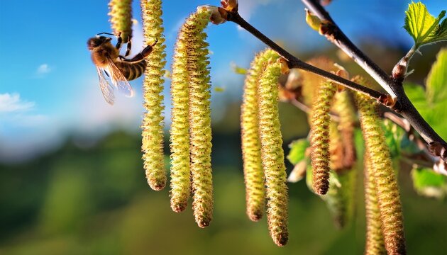 bee collects pollen on a flowering hazelnut tree