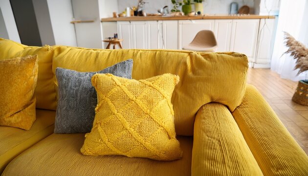 cozy yellow boucle sofa close up textured fabric throw pillow on modern modular couch warm and inviting living room interior design