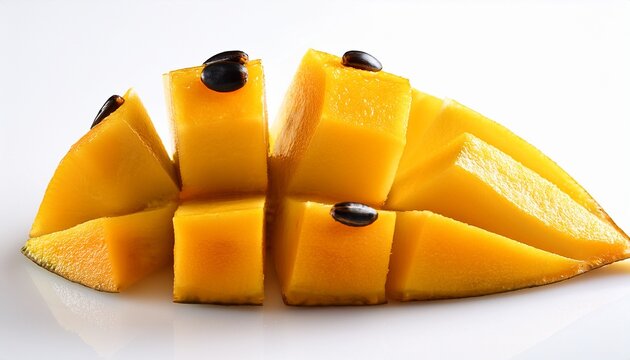 sliced golden fruit with dark seeds arranged on white