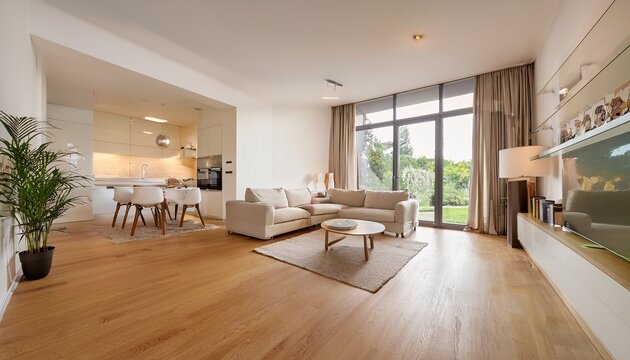 modern living room interior large bright room with laminate floor