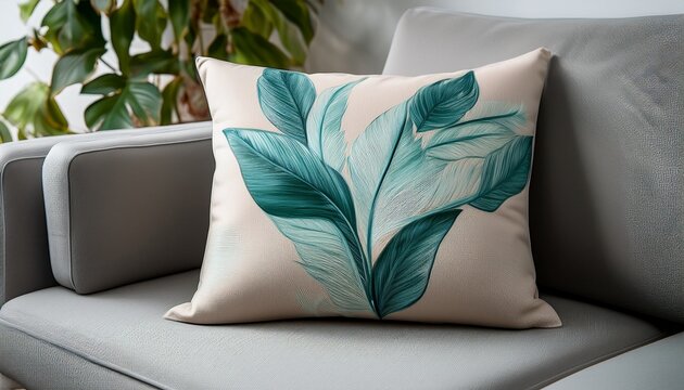 a decorative throw pillow featuring a subtle muted teal leaf design on a light cream background is displayed on a gray couch