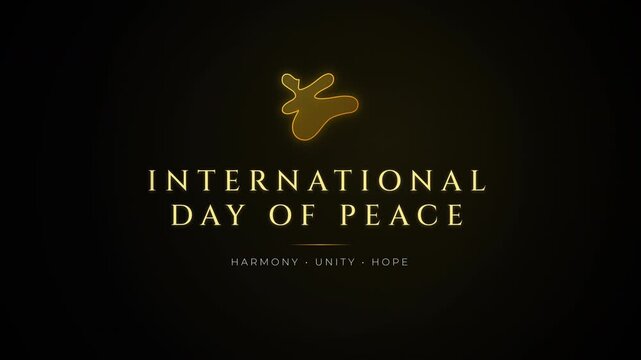 Golden International Day of Peace animated title card with dove icon and glowing effect