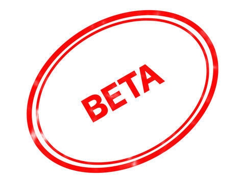 Red beta rubber stamp icon, oval beta version seal for software testing, glossy red beta sign for product development and launch