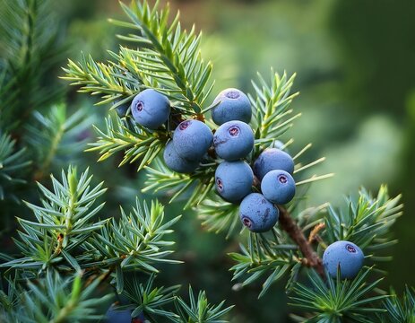 branch with fresh ripe blue juniper berries in garden green foliage backdrop aromatic botanical plant