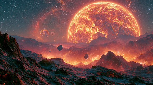 High-resolution wide-angle cinematic shot of a glowing molten sun rising over jagged volcanic mountains on a desolate alien planet with floating rocks.