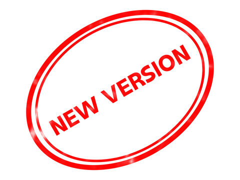 Red New Version rubber stamp icon. Oval office seal for software updates and product releases. Glossy red ink stamp on white background.