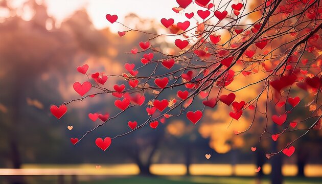 closeup tree branch with red hearts and small red leaves on the blurred park background