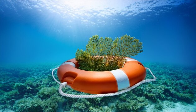 marine conservation symbolized by a coral and seaweed lifebuoy