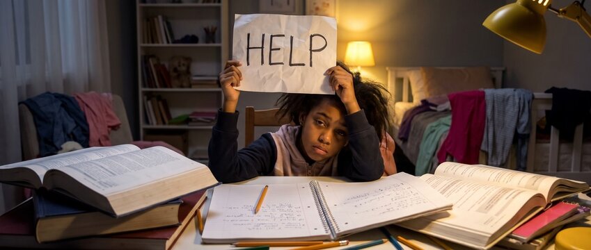 Exhausted African American schoolgirl holding HELP sign while struggling with homework at messy desk late at night